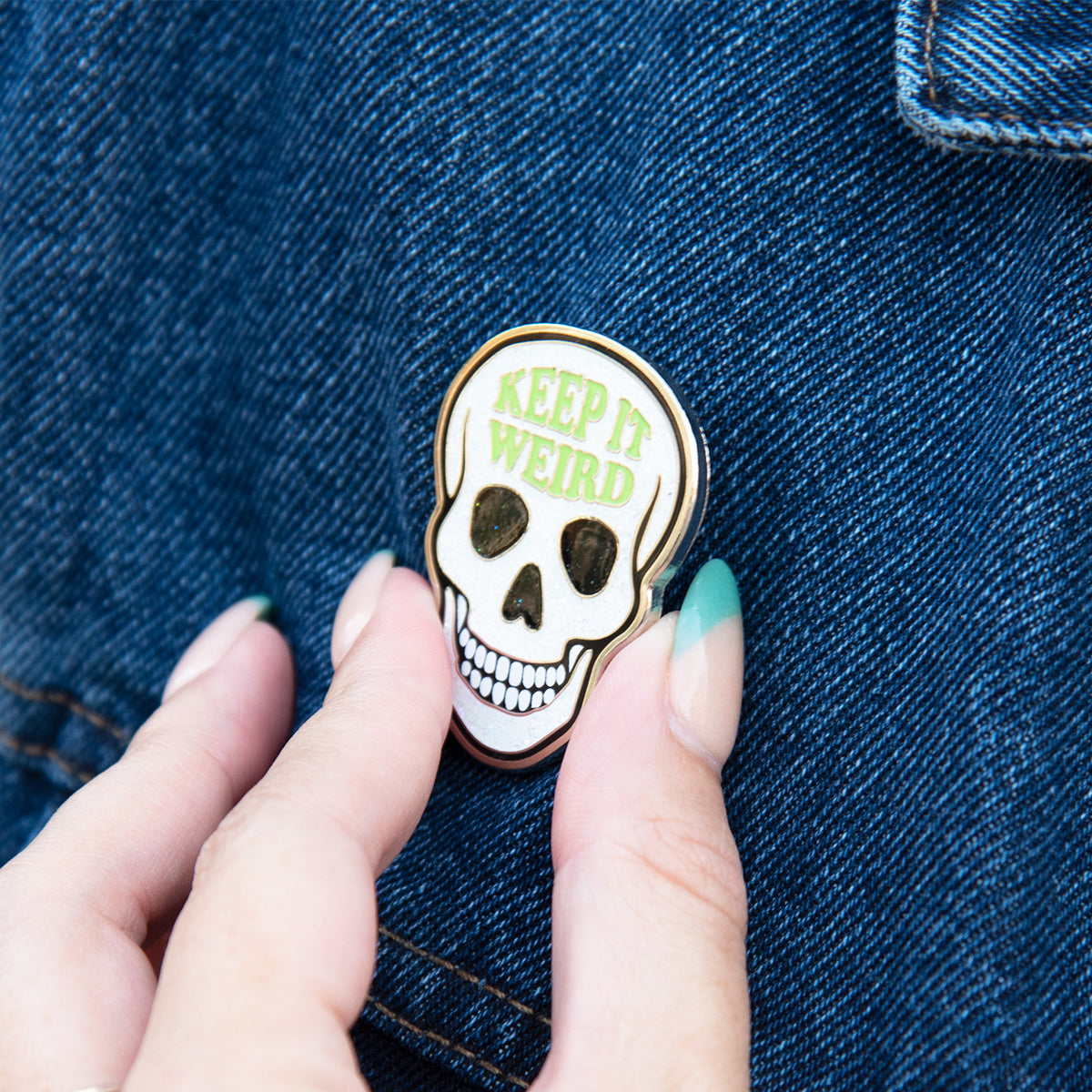 Morbid Glitter Glow Skull Pin